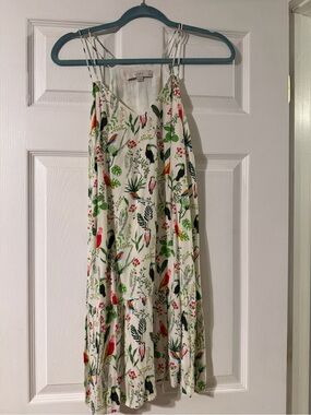 LOFT White Floral Bird Print Dress with Green Leaves never worn